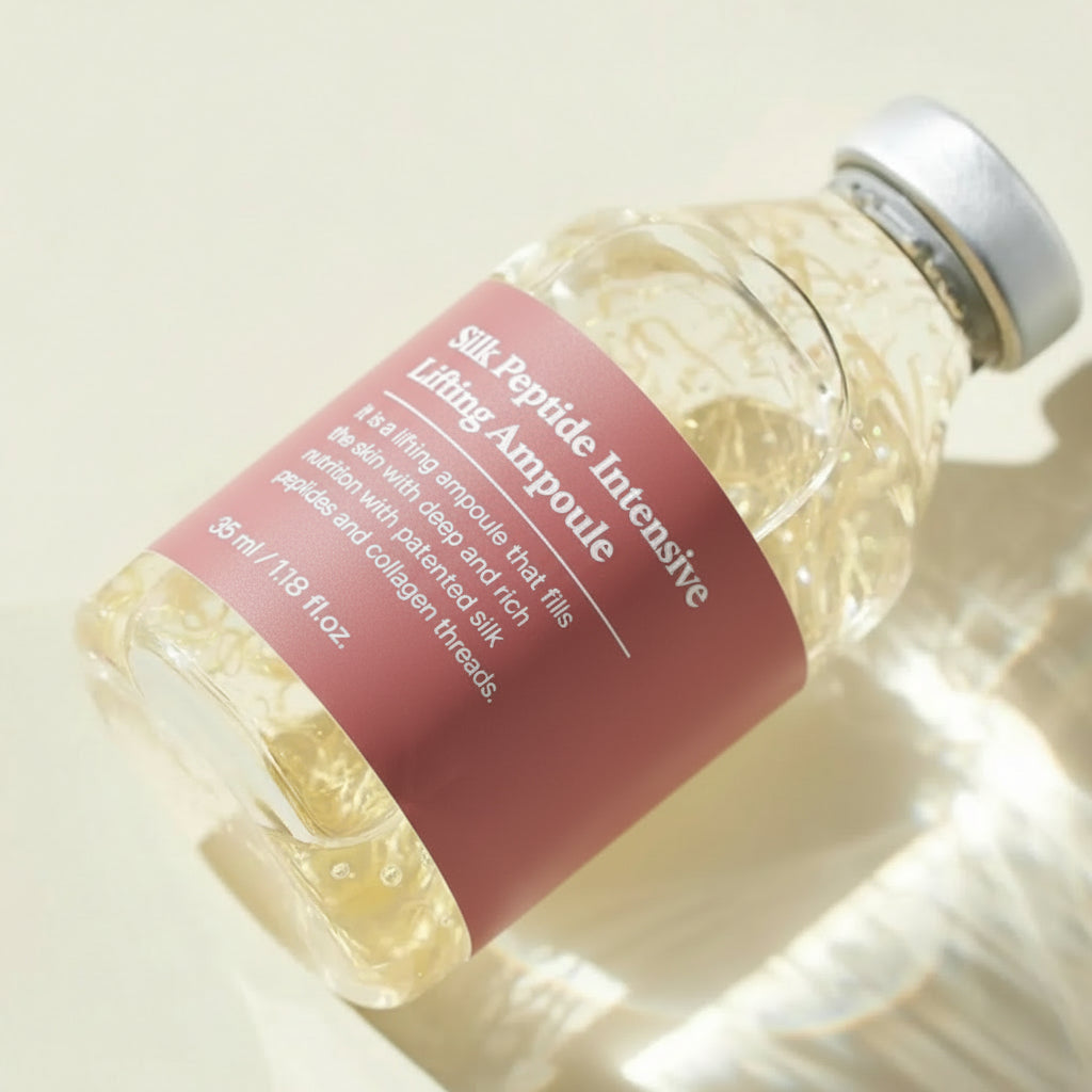 Silk Peptide Intensive Lifting Ampoule bottle with pink label on a light background